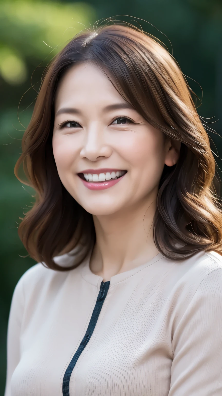 最high quality, In 8K, whole body, Real, Upper Body, high quality, High resolution, Detailed face, Detailed eyes, Thick lips, (Look at the viewers), alone, Middle-aged women, , 60 years old, , Wavy Hair, , Wearing short sleeves, Standing in the park, Wrinkles around the eyes, Smiling with teeth showing, Background Blur