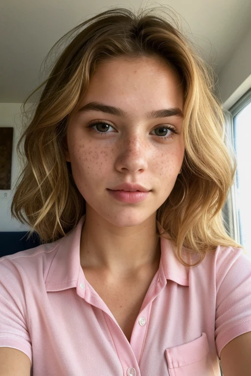 ((best quality)), ((masterpiece)), (detailed), 1girl, wavy blonde hair, freckles, brown eyes, pink shirt, selfie
