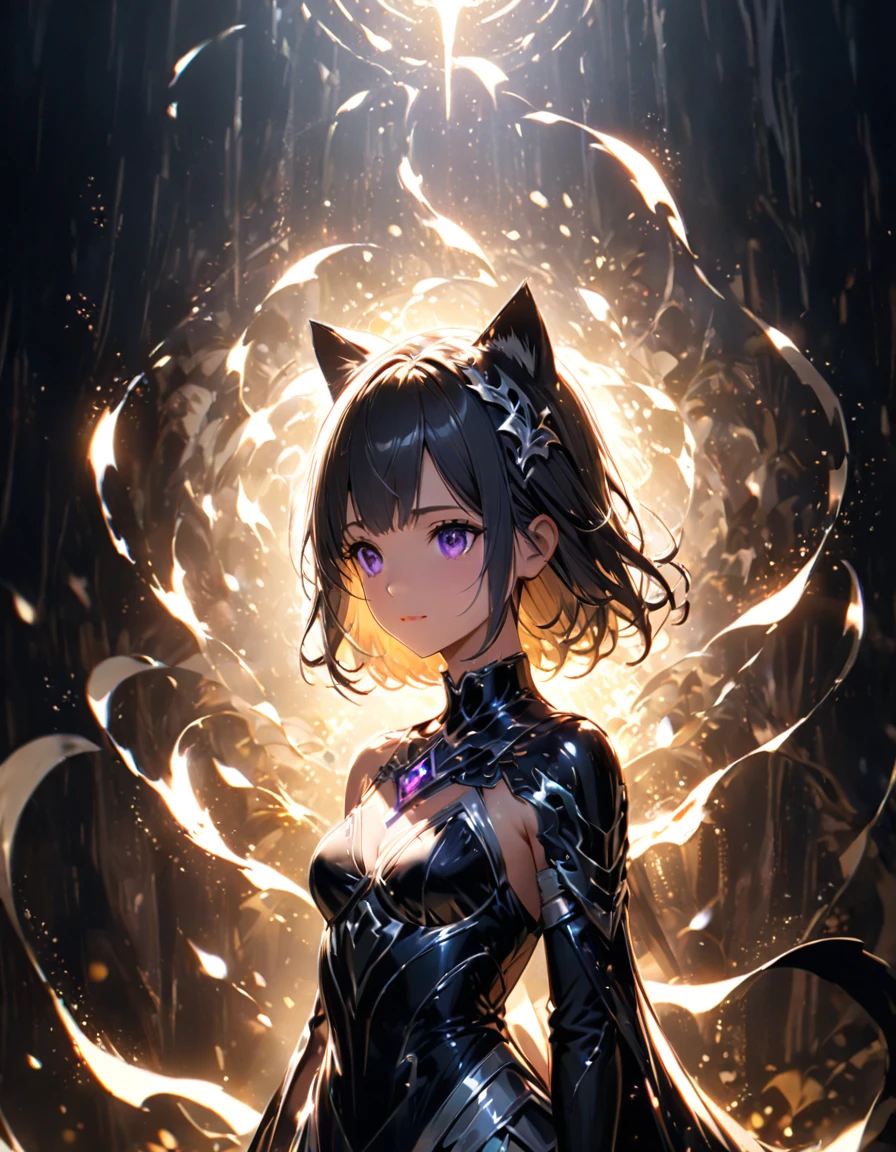 Detailed textures, high quality, high resolution, high accuracy, realism, color correction, correct lighting settings, harmonious composition. The girl stands in the dark, surrounded by particles of light and shimmering silver sparks that form an unearthly glowing silhouette of a cat above her head. The atmosphere is mysterious, and the soft lighting creates a magical atmosphere. Digital illustration. --ar 3:4 --niji 6