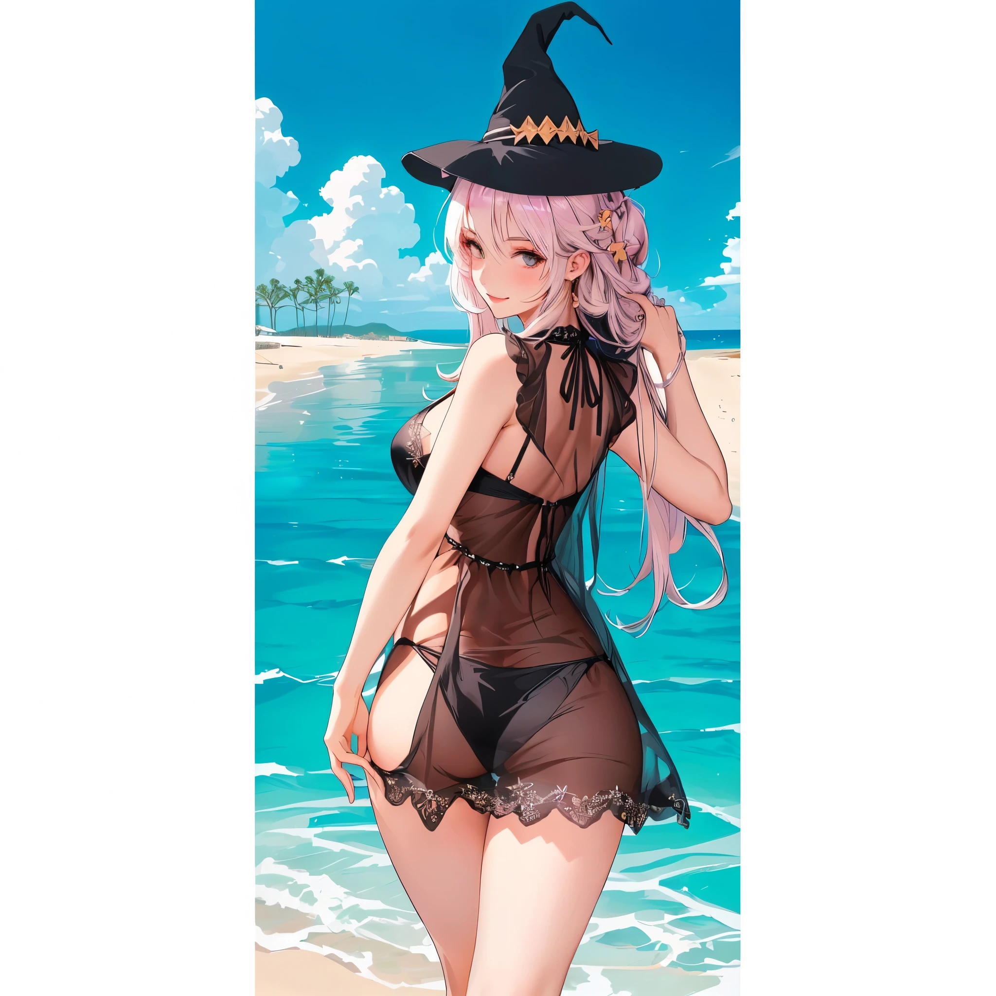garota de anime com fantasia de bruxa em pé at beach, glamor anime witch casting magic, witch girl, swimsuit wear, swimsuit wear, at beach, change, at beach, witchcraft clothes, haruno sakura, witches academy, with straw hat, classic witch, bright witch, em uma praia, ( ( ( Black Witch Hat ) ) ) ), beatiful boobs, transparent black clothing, big neckline, roupa sensuous, sexy girl, black bikini, swimsuit wear preto, Flying hair, sexy girl, sensuous, sorriso sensuous, charming smile, provocative clothes, big boobies, decote sensuous, sultry eyes, 8k