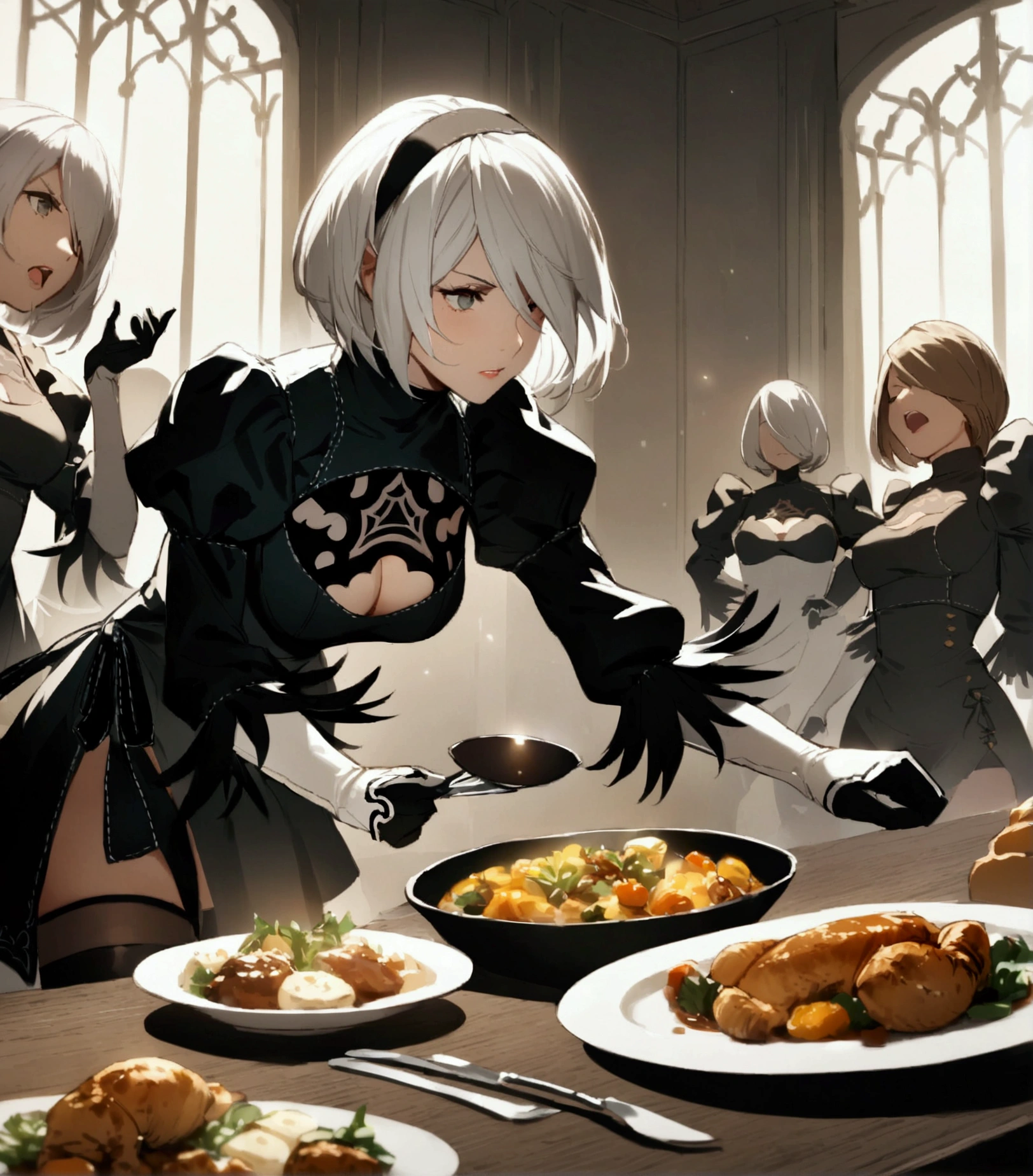 Best Quality, 2b nier automata,  great dinners,  fighting with female androids