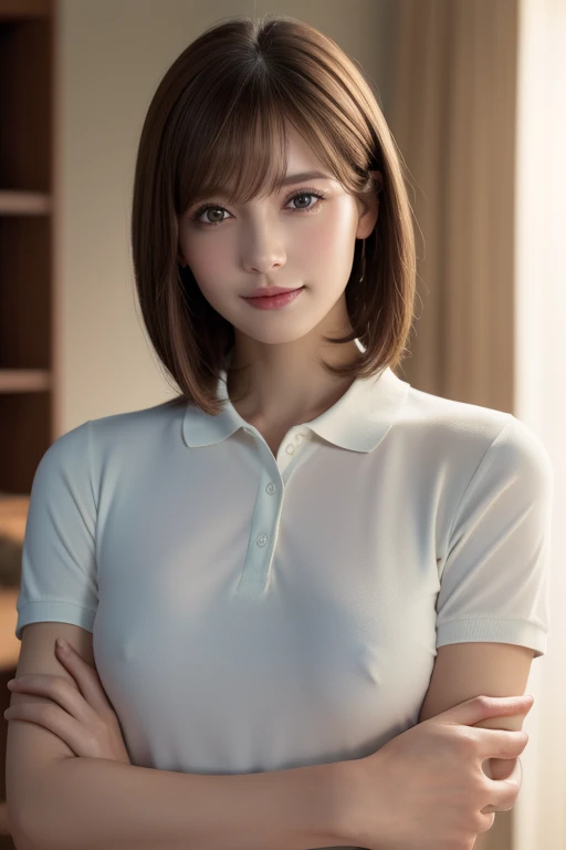 30 year old beauty, (White polo shirt), RAW Photos, Highest quality, Realistic, Very delicate and beautiful, Very detailed, 8k wallpaper, High resolution, Soft Light, Very detailed目と顔, Beautiful and sophisticated nose, Beautiful and beautiful eyes, Cinema Lighting, City lights at night, Perfect Anatomy, Slender body, Shapely breasts, Straight hair, smile, Asymmetrical bangs, Light brown hair, like々Firm and firm breasts,　G-cup breasts, Straight hair, Medium short bob hair, Cowboy Shot, The bottom of the polo shirt is rolled up to the chest