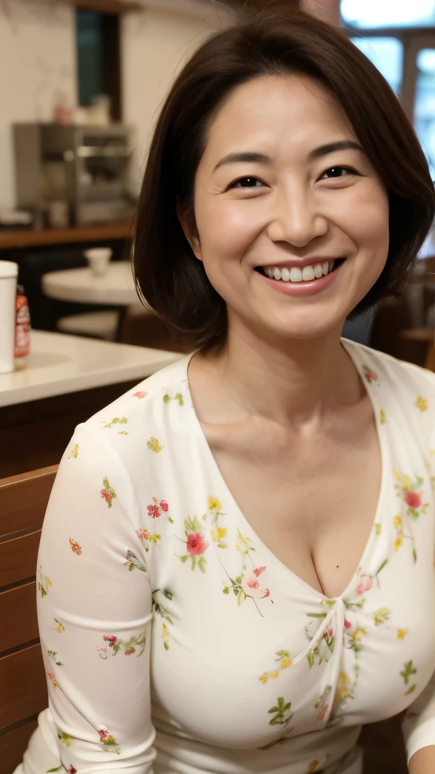 8k wallpaper, masterpiece, Highest quality, Very detailed, One Mature Woman, 50 years old, Become very clear, Wearing a spring-like shirt, Skin dents, Captivating smile, Looking at the audience, Cleavage, Plump, Curvaceous, Attractive face, Smiling with teeth showing, I was happy, sitting in a cafe, Background Blur