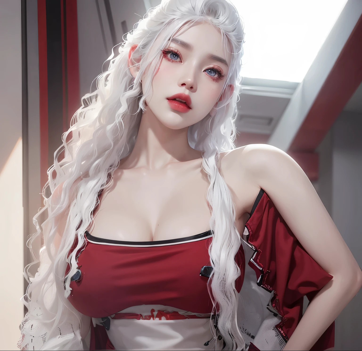 aVATAR SECOND LIFE Korean girl wearing red blouse, White hair, White hair, White hair, Asian, Perfect and detailed face, imvu, maximalist details, AVATAR SECOND LIFE Korean blusa , neon