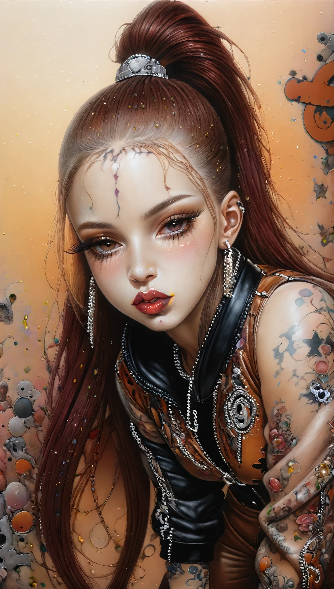 (best quality,4k,8k,highres,masterpiece:1.2),ultra-detailed,(realistic,photorealistic,photo-realistic:1.37),1 girl,hip-hop style outfit,high ponytail,incredibly long hair,cowgirl pose,looking at viewer,leaning forward,by Santiago Caruso,by Mike Azevedo,detailed eyes,detailed lips,extremely detailed face,long eyelashes,dynamic pose,colorful,vibrant colors,warm lighting