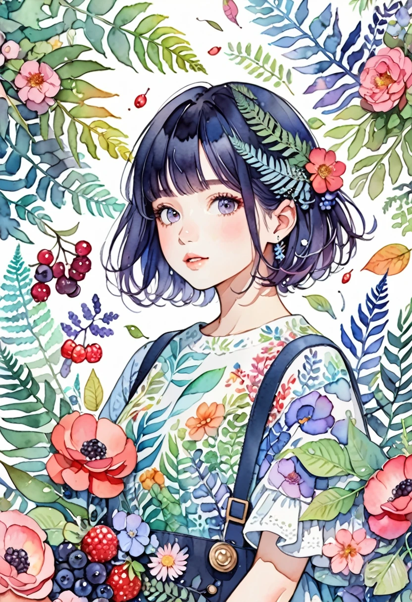 ((super detailed)beautiful flowers, berries, ferns, leaves, watercolor pattern of calming colors)(watercolor texture)(1girl, short hair, cute)