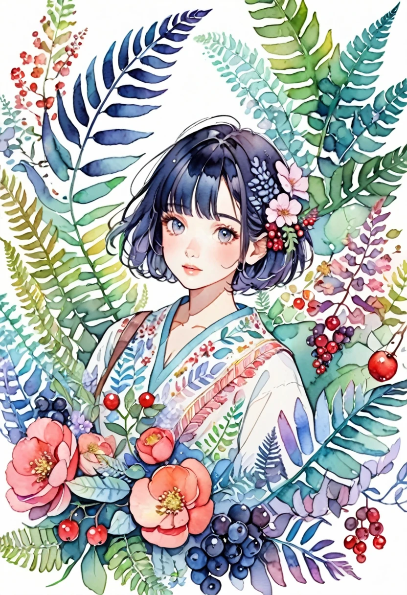 ((super detailed)beautiful flowers, berries, ferns, leaves, watercolor pattern of calming colors)(watercolor texture)(1girl, short hair, cute)