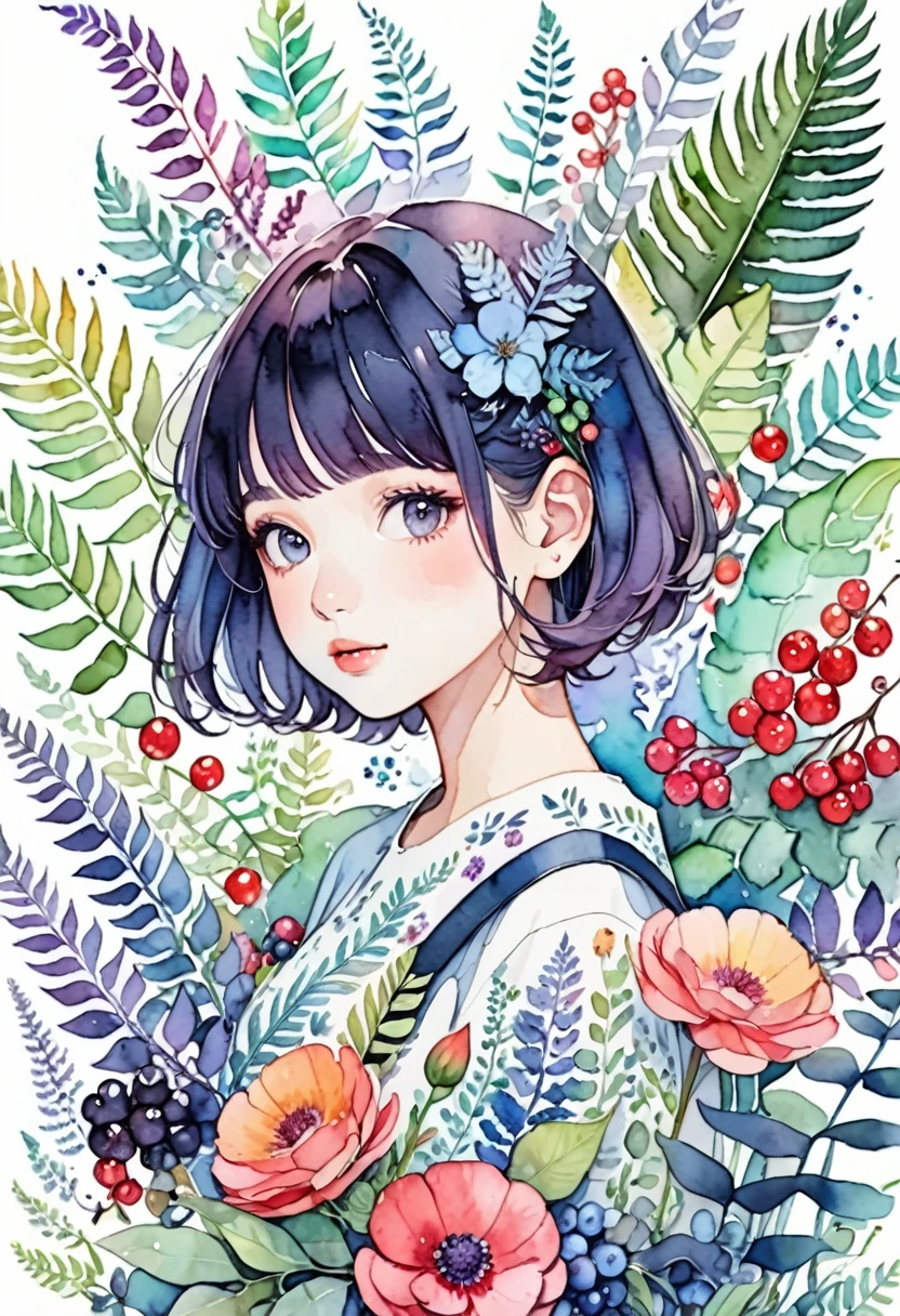 ((super detailed)beautiful flowers, berries, ferns, leaves, watercolor pattern of calming colors)(watercolor texture)(1girl, short hair, cute)
