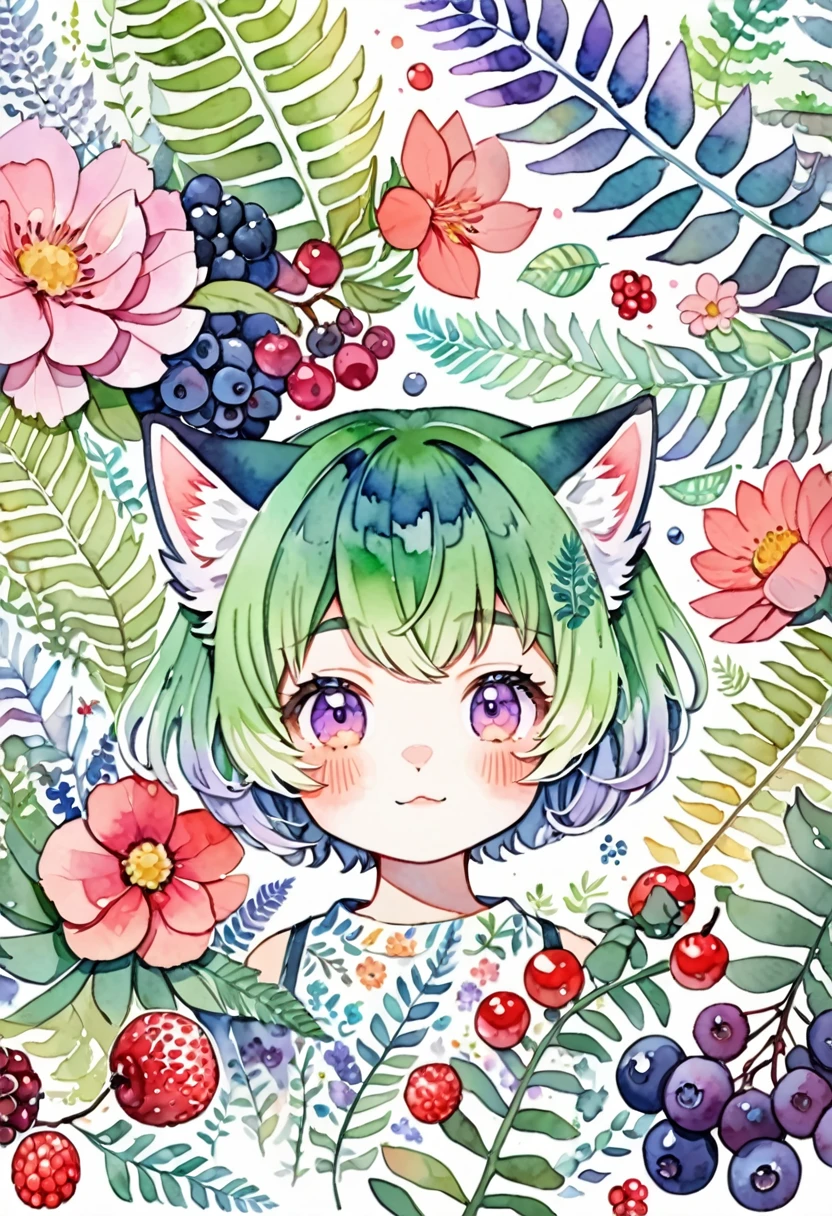 ((super detailed)beautiful flowers, berries, ferns, leaves, watercolor pattern of calming colors)(watercolor texture)(1girl, kemono, furry, short hair, cute)