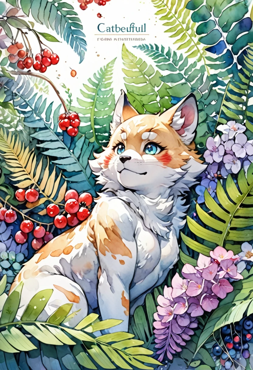 (watercolor texture)cover page, highres, top quality, best quality, paid reward available, unparalleled masterpiece, perfect artwork, absurdres, High-quality illustrations, super high resolution, detailed background, perfect anatomy(1girl, kemono, furry, short hair, cute)(beautiful flowers, berries, ferns, leaves, watercolor pattern of calming colors),