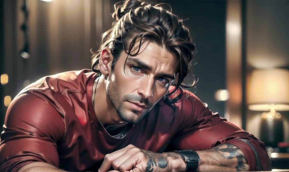 "((highly detailed, detailed eyes, detailed face, clear and realistic facial features, photorealistic, realistic light; cinematic)), (1 man), ((((cozy studio background)))), (((sophisticated gorgeous refined male artist))), ((37-year-old man)), ((strangely beautiful yet masculine)), ((((intense fascinated expression)))), ((seductive mood)), (((hazel brown eyes))), ((long wavy brunette hair tied half up)), (((dressed in a red shirt and jeans)))."