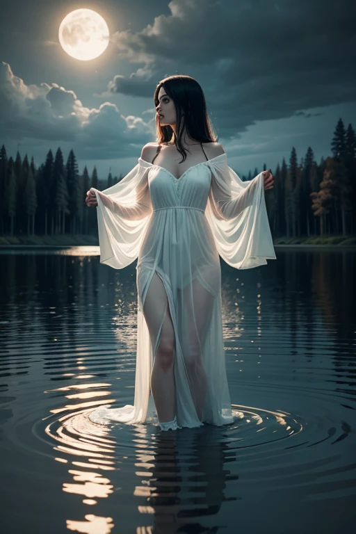 Woman emerging from the surface of the lake, white gown, dark night, Scene from horror