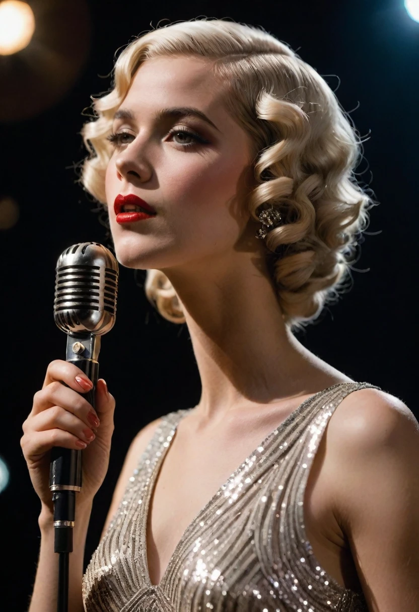 girl, 20 years old, (((French ethnicity))), (((elegant 1920s singer))), waterwave hairstyle, vintage sequined dress, holding a vintage microphone, glamorous makeup, femme fatale, art deco stage, performing in a grand theater,photorealism, highly detailed, ultra quality, cinematic lighting, realistic skin texture, (((white hair))) (feminine), ((alluring facial expression)), ((exquisitely detailed facial features)), ((perfect eyes)), 8k wallpaper, nikon, trending on Artstation, trending on CGSociety, (sensual), ((full lips)), (((slim waist))), (((wide hips))), (((eyes closed)))