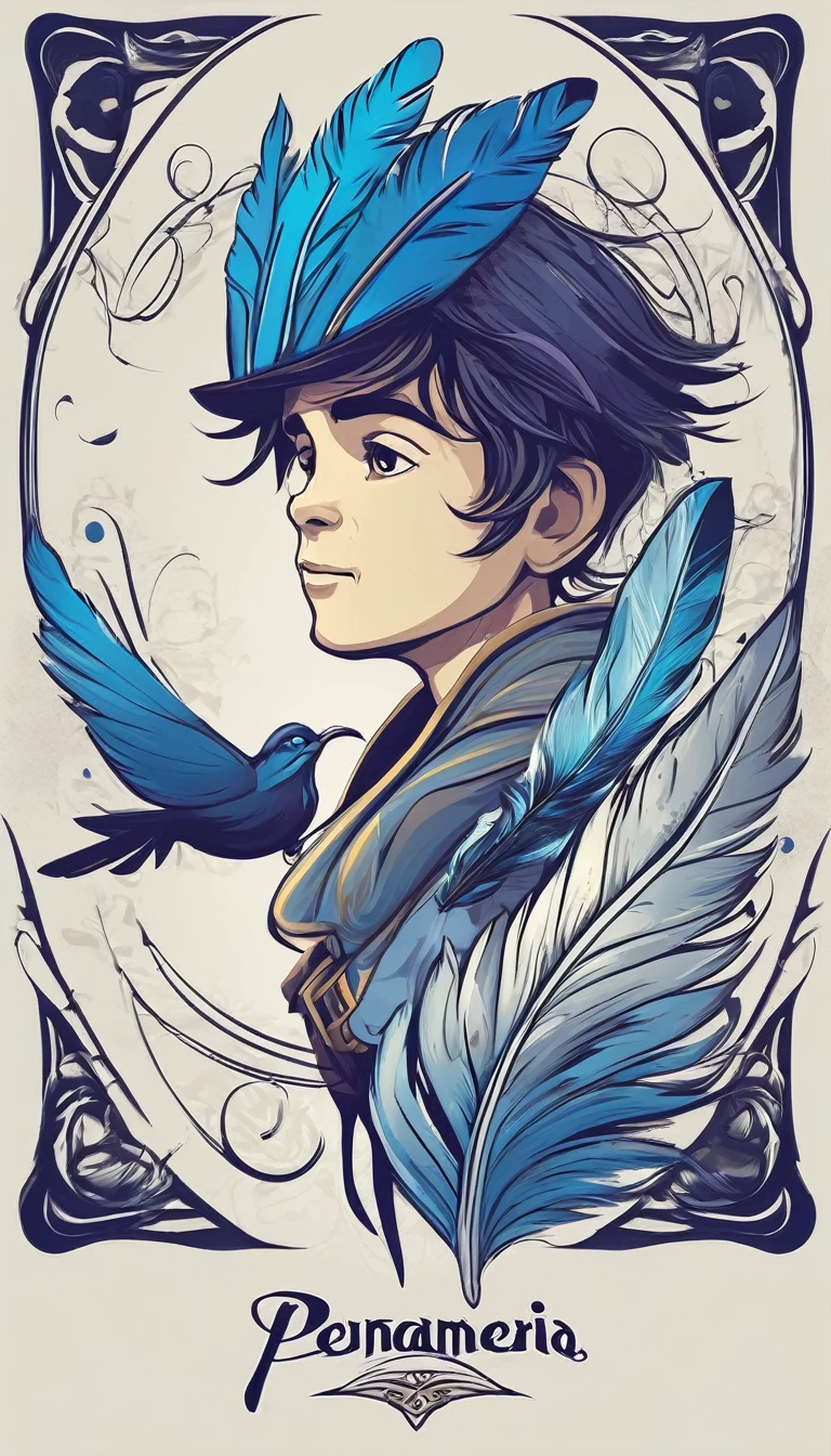 Create a minimalistic, simple, fantastic, easy to understand, logo design of a boy and a feather for an upcoming Fantasy Role Playing Game called " Penamemoria". The game is about a world full of bird and feathers. A boy enters that world and discovers his true artistic identity. Create a logo design that transmits the essence of this videogame. It´s a fantasy game, with fantasy elements. Create the logo in the center and a fantasy theme as background. Use the colours blue, white, yellow in the logo. The logo design must convey a sense of fantasy, dreams and music. Must convey a feeling of being a true Dreamer