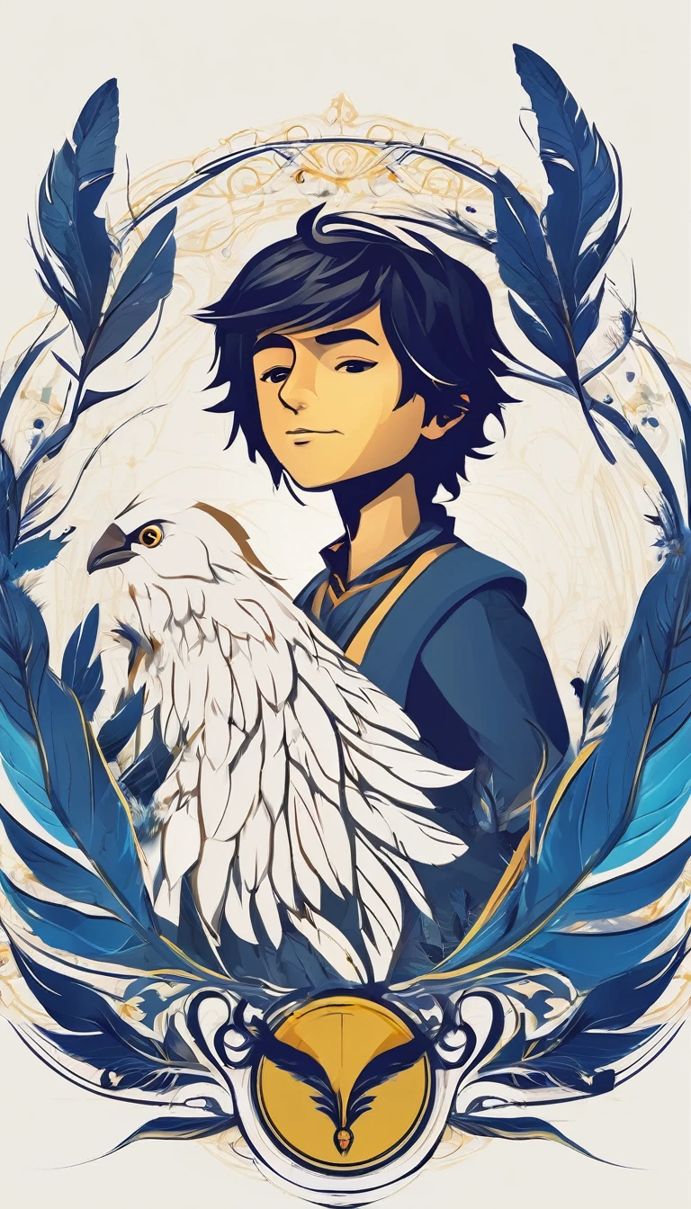 Create a minimalistic, simple, fantastic, easy to understand, logo design of a boy and a feather for an upcoming Fantasy Role Playing Game called " Penamemoria". The game is about a world full of bird and feathers. A boy enters that world and discovers his true artistic identity. Create a logo design that transmits the essence of this videogame. It´s a fantasy game, with fantasy elements. Create the logo in the center and a fantasy theme as background. Use the colours blue, white, yellow in the logo. The logo design must convey a sense of fantasy, dreams and music. Must convey a feeling of being a true Dreamer
