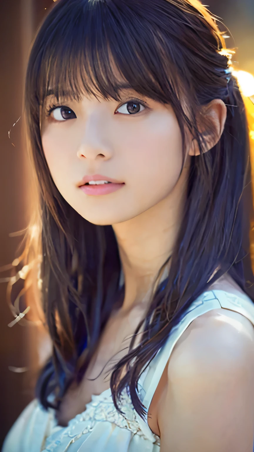 Highest quality,4K,8k,High resolution,masterpiece:1.2,Very detailed,Realistic:1.37,Portraiture,Soft colors,Gentle light,A girl exuding fatigue,Long flowing hair,Delicate features,Deeply contemplative eyes,White skin,Happy expression,Soft pastel colors,Great atmosphere,Sleeveless dress,Subtle brushwork,Dreamlike composition,Gazing into the distance,,Romantic atmosphere、Roppongi nightlife、,Calm colors,Soft Shadows、