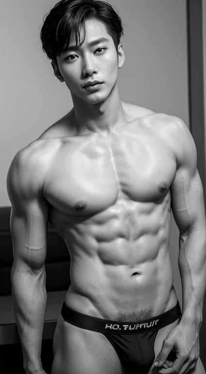 ((best qualityer)), (detailded), face perfect, korean man, wearing no shirt, beautiful  face, muscular chest, volume in underwear, protuberance, big fit ass, futurist, Corpo Scrawny, hoarse, Scrawny, big nice protuberance, handsome korean actor, sensual poses, sensuous