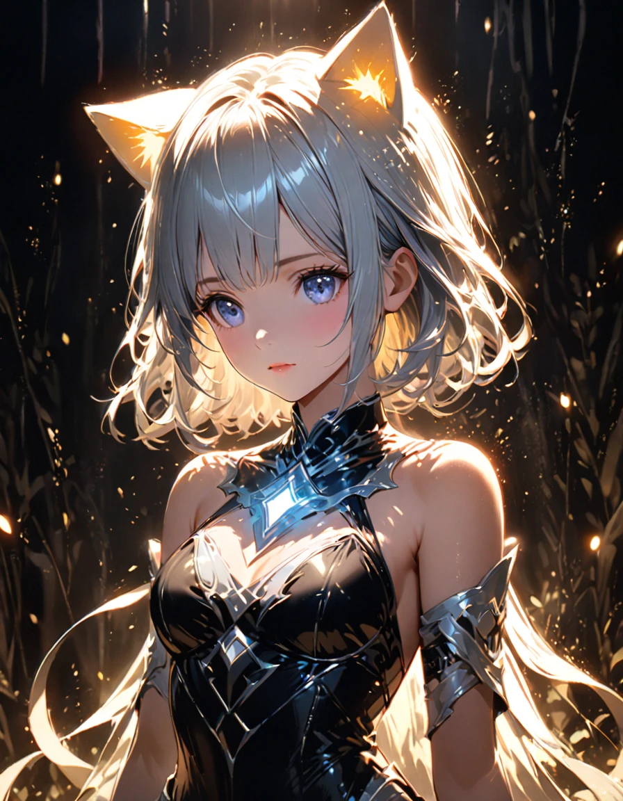 Detailed textures, high quality, high resolution, high accuracy, realism, color correction, correct lighting settings, harmonious composition. The girl stands in the dark, surrounded by particles of light and shimmering silver sparks that form an unearthly glowing silhouette of a cat above her head. The atmosphere is mysterious, and the soft lighting creates a magical atmosphere. Digital illustration. --ar 3:4 --niji 6