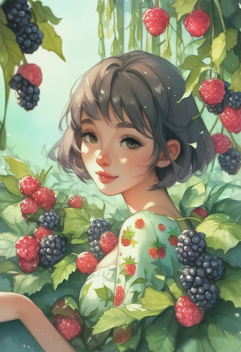 ((super detailed)beautiful flowers, berries, ferns, leaves, watercolor pattern of calming colors)(watercolor texture)(1girl, short hair, cute)