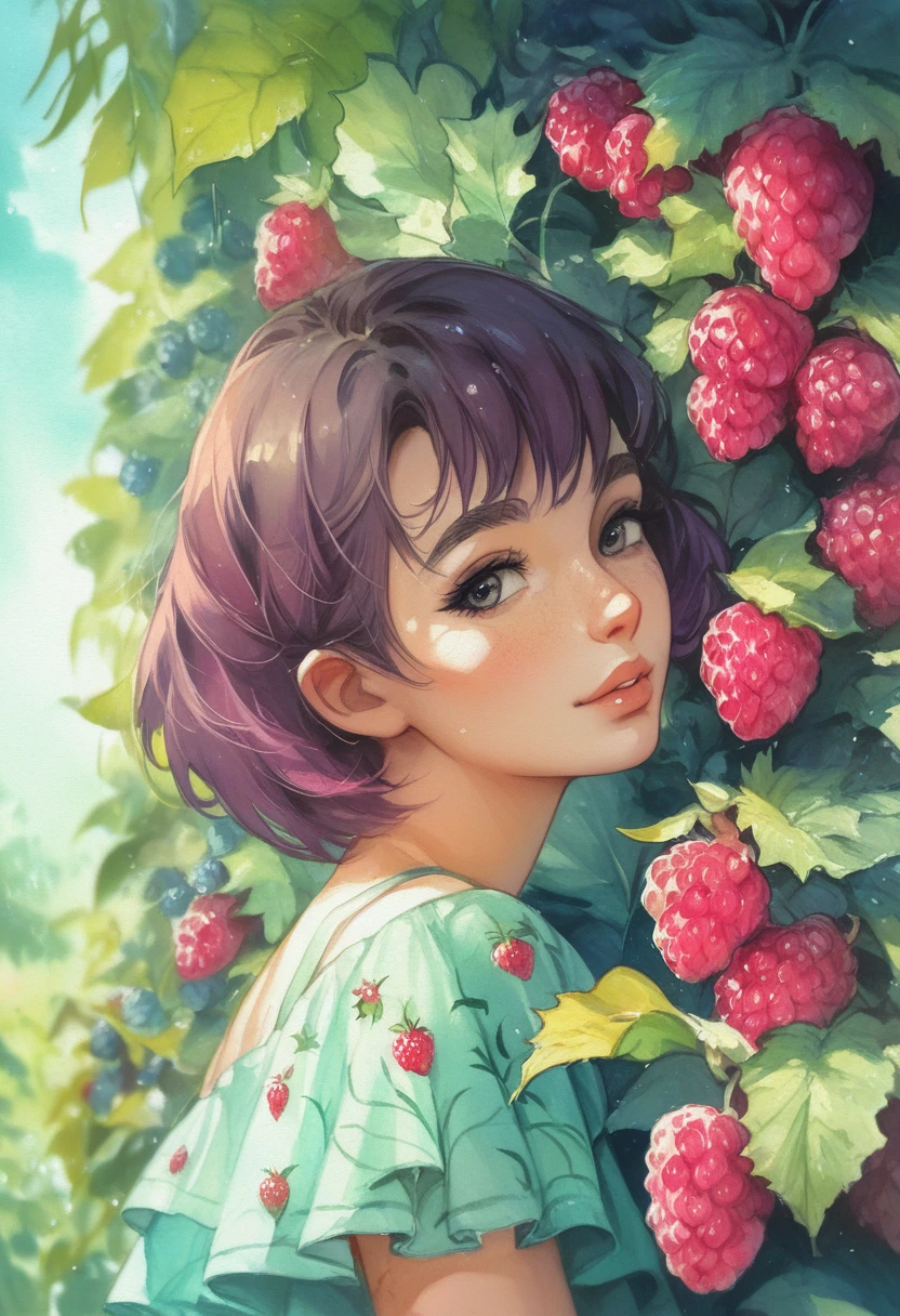 ((super detailed)beautiful flowers, berries, ferns, leaves, watercolor pattern of calming colors)(watercolor texture)(1girl, short hair, cute)