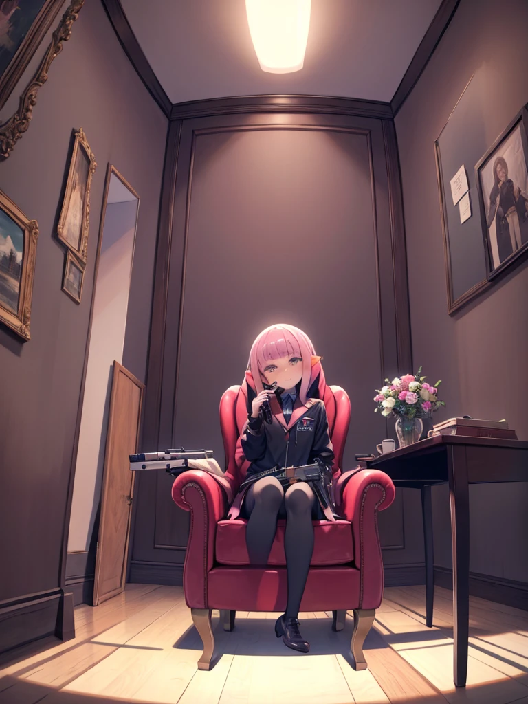 masterpiece、Highest quality、High resolution、Inside the room、large room、American style room、Wide-angle、Fisheye Lens、splatoon girl、Golden Eyes、Pink tentacle hair、smile、Beautiful depictions of girls、Sit in a chair facing the desk、Cute room、There are a lot of flowers、Put a gun on the wall、Lots of guns、Guns lined up on the wall、