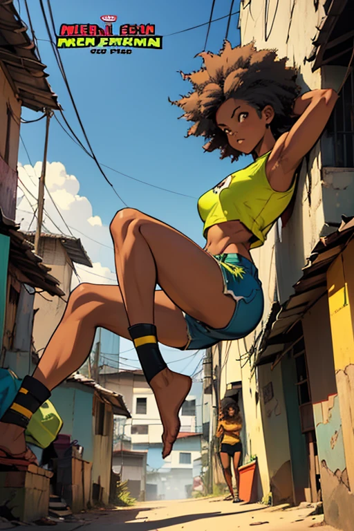 (high resolution), ((((american comics style)))), (Perspectiva Bottom-up), 1 black girl, afro hair, breasts small, slim figure and big ass, (wearing clothes, tight green and yellow top and short shorts). Being seen from the coast, complete body. Brazilian favelas fund 