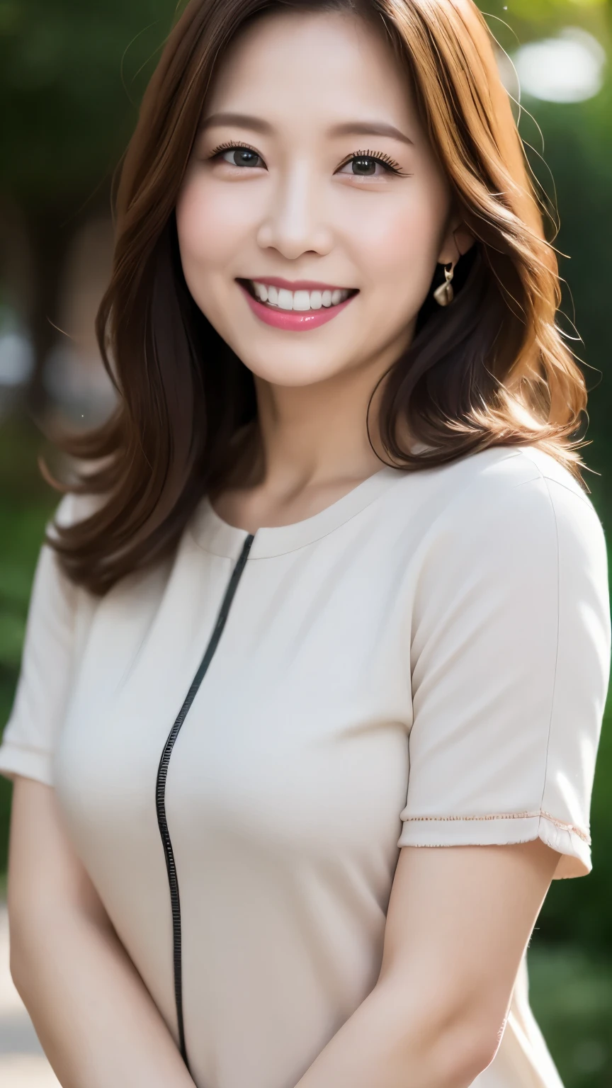 最high quality, In 8K, whole body, Real, Upper Body, high quality, High resolution, Detailed face, Detailed eyes, Thick lips, (Look at the viewers), alone, Middle-aged women, , 60 years old, , Wavy Hair, , Wearing short sleeves, Standing in the park, Wrinkles around the eyes, Smiling with teeth showing, Background Blur