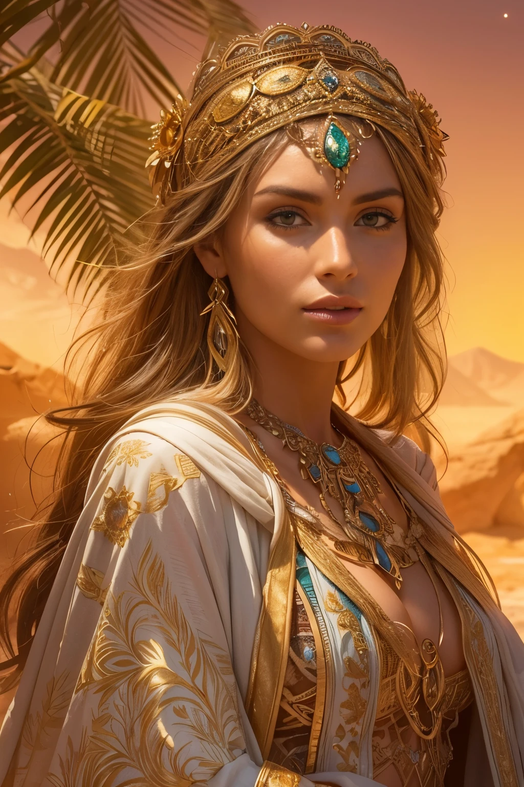 Guardian of the Sunlit Oasis: In a vast desert, an ultra hot gorgeous European woman.age 23. She discovers an oasis that appears only during the summer solstice. This oasis holds the power to grant sunlit visions. As she drinks from its waters, what future glimpses are revealed to her?