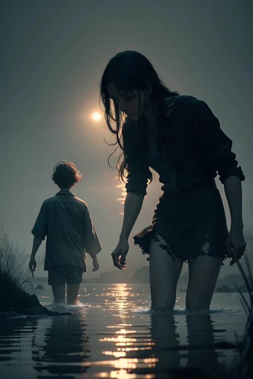 Spirit of a woman pulling a boy to the bottom of the lake, Scene from horror, dark evening, dense fog