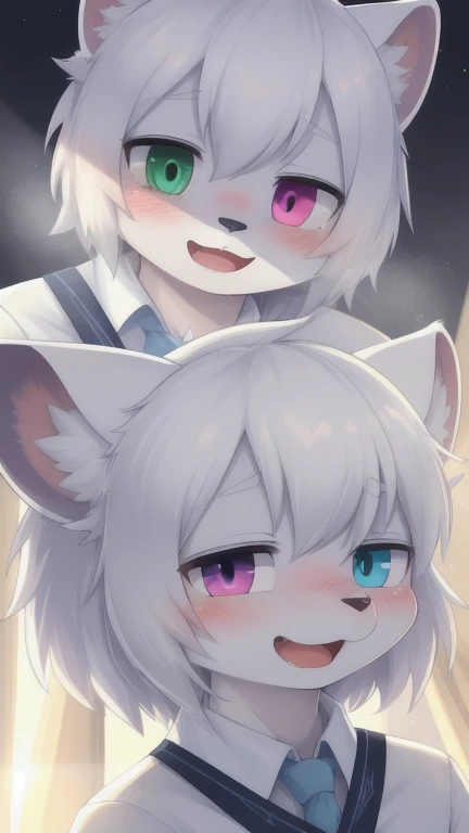 by white, mole under the eye, mismatched sclera, heterochromia, blush, shy, Laugh, Campaign, ray tracing, rays of god, backlighting, bright light, animated style  