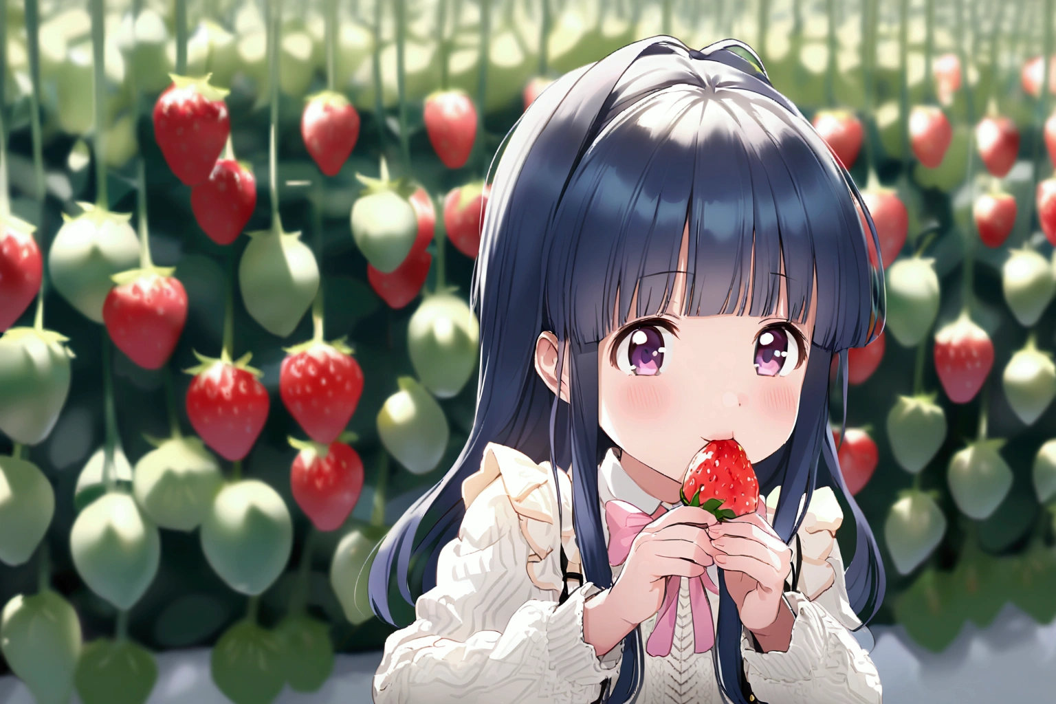 Eating strawberries, girl, alone, (outrageously rich), Blue Hair, Purple eyes, Long Hair, blunt bangs, bangs, I&#39;I&#39;m 11 years old, White shirt, Pink ribbon, suspenders, Black Skirt, depth of field,