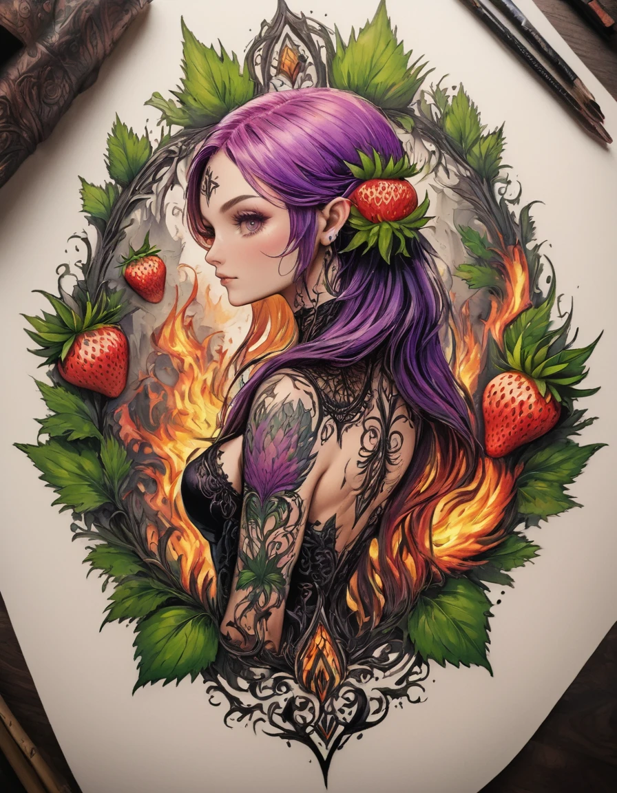 Arafed, Dark fantasy art, fantasy art, goth art, a picture of a tattoo on the back of a female elf, a glowing tattoo of a ((strawberry: 1.3)) on the elf's back, the ((strawberry tattoo)) is vivid, intricate detailed coming to life from the ink to real life, GlowingRunesAI_purple, ((fire surrounds the strawberry: 1.5)), shoot taken from the back, ((the back is visible: 1.3), she wears a transparent black dress, the dress is elegant, flowing, elven style, that the tattoos glow, dynamic hair color, dynamic hair style,  vibrant, Ultra-high resolution, High Contrast, (masterpiece:1.5), highest quality, Best aesthetics), best details, best quality, highres, 16k, (ultra detailed: 1.5), masterpiece, best quality, (extremely detailed) RAW, (ultra details, Masterpiece, best quality) faize, *channel_42*