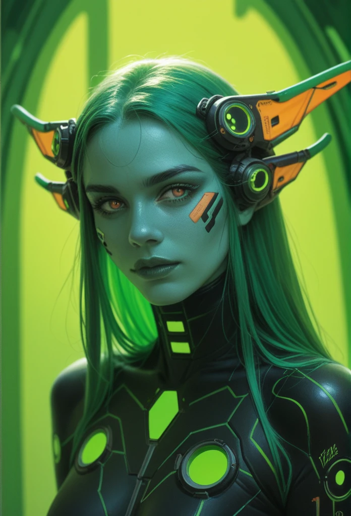 female character, futuristic art, green colors, biotech style, genetic engineering, hybrid creatures, ethical atmosphere