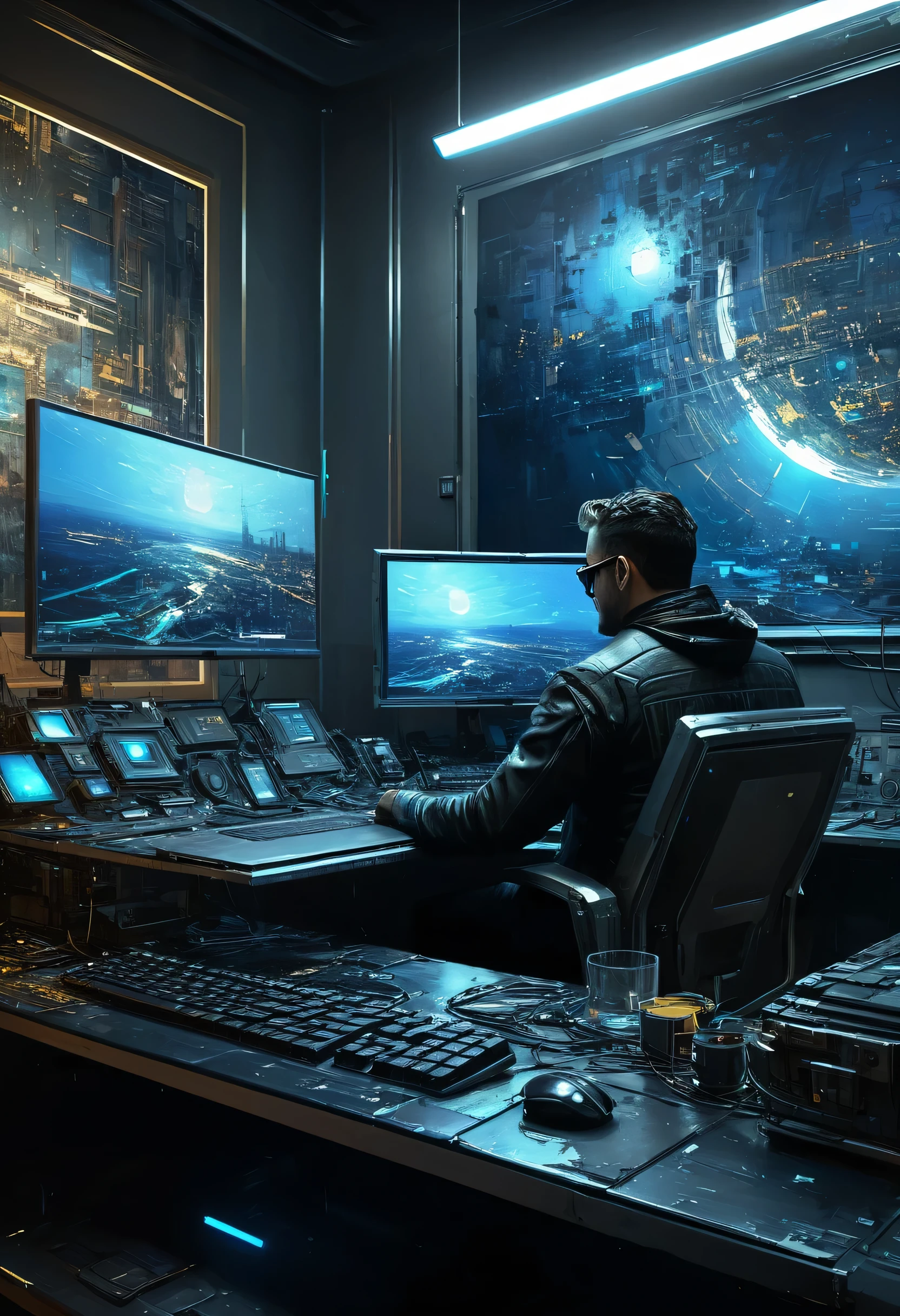 Hacker homem, working environment, high relief texture painting, 4D, 8k, high tech, futuristic vintage, photorealism, abstract impressionism, arte por Jeremy Mann
