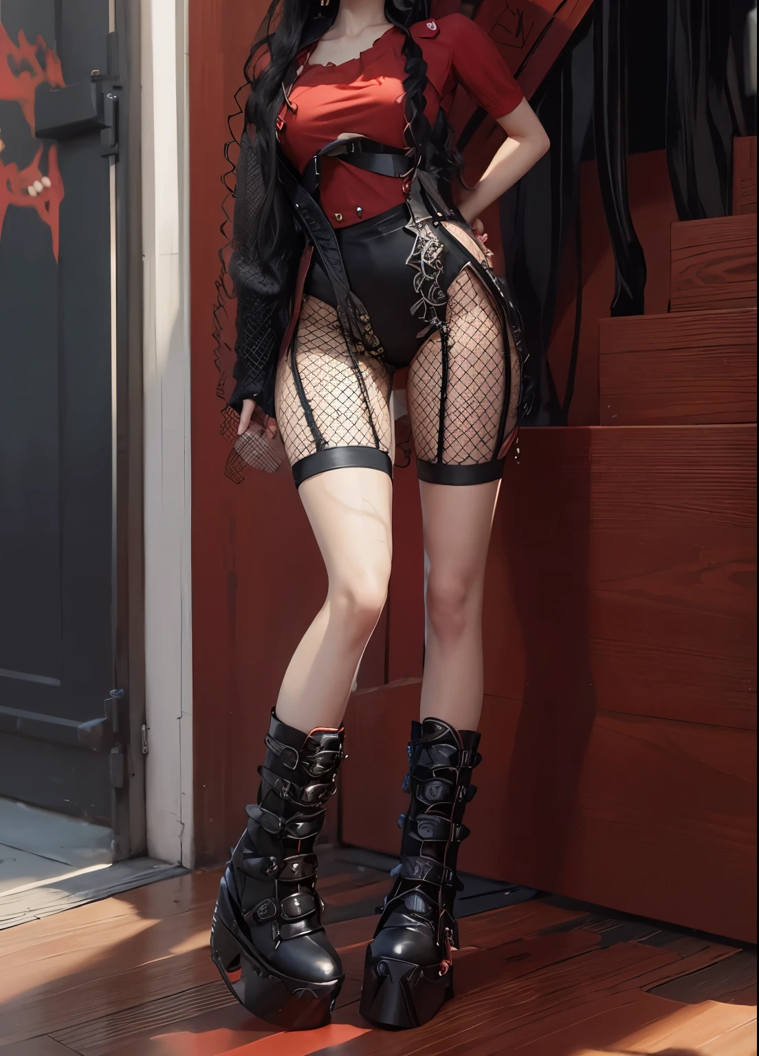 aVATAR SECOND LIFE Korean girl wearing red blouse, Asian, Perfect and detailed face, imvu, maximalist details, AVATAR SECOND LIFE Korean blusa , neon, black shorts and long boots