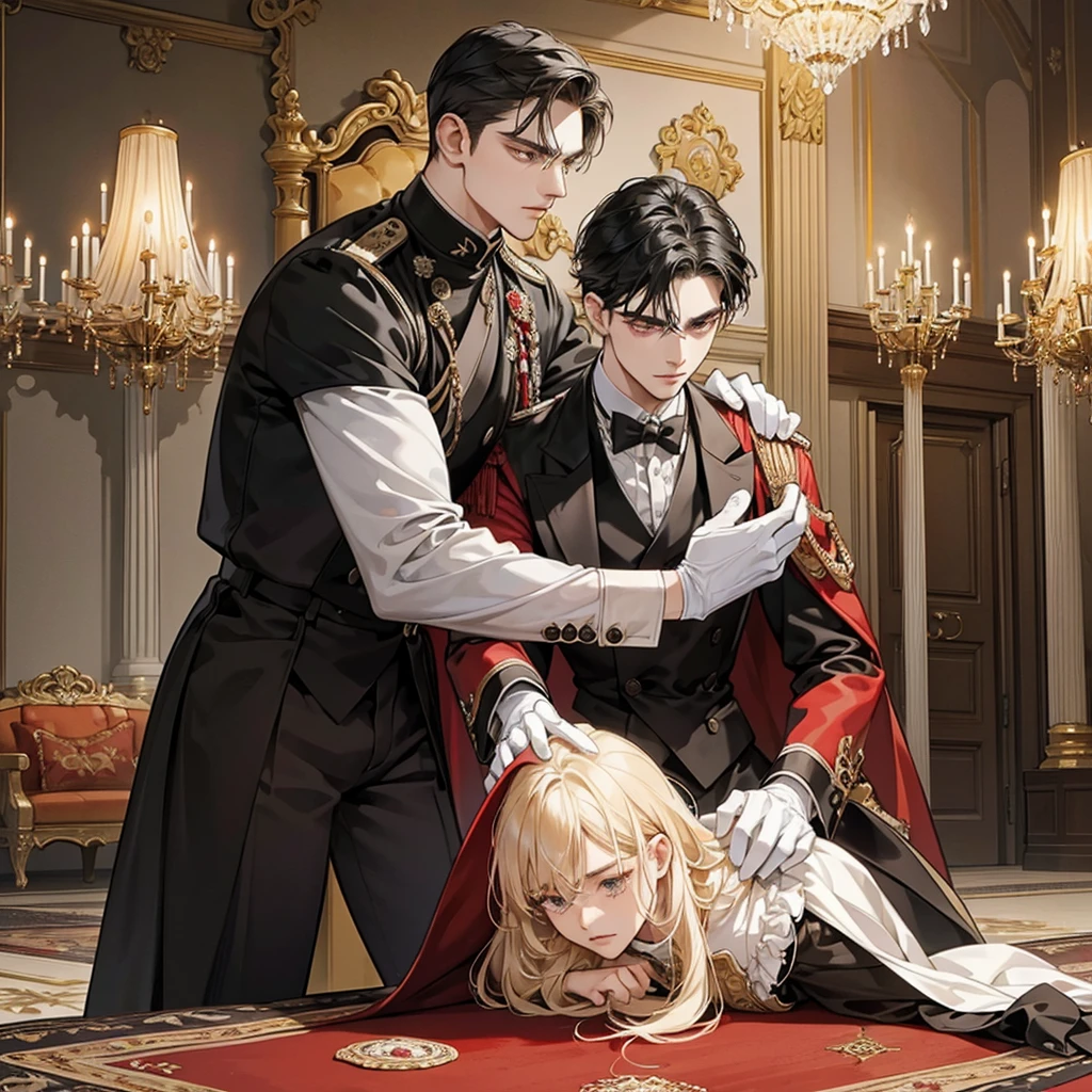 character (Servant Boy):
hair: negro, short and well groomed.
eyes: red, intense and serious.
Expression: SERIOUS LOOK, showing dedication and respect.
outfit: Nobles servant uniform, with fine details. An elegant vest, White shirt, Black pants, and white gloves.
scene:
action: The servant boy is bowing in a luxurious noble hall.
bottom: An opulent room, with elegant furniture, rich rugs, and chandeliers. Decorations such as heavy curtains and old paintings on the walls.