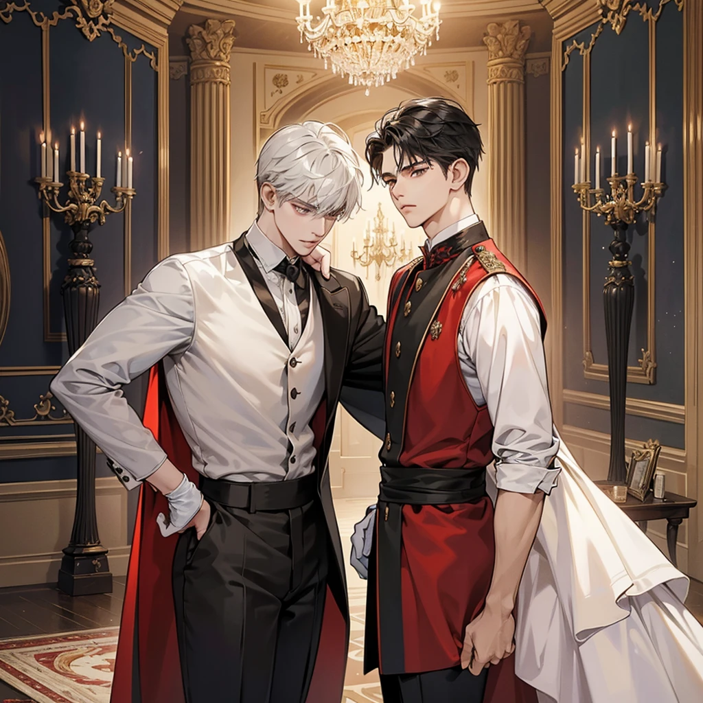 character (Servant Boy):
hair: negro, short and well groomed.
eyes: red, intense and serious.
Expression: SERIOUS LOOK, showing dedication and respect.
outfit: Nobles servant uniform, with fine details. An elegant vest, White shirt, Black pants, and white gloves.
scene:
action: The servant boy is bowing in a luxurious noble hall.
bottom: An opulent room, with elegant furniture, rich rugs, and chandeliers. Decorations such as heavy curtains and old paintings on the walls.