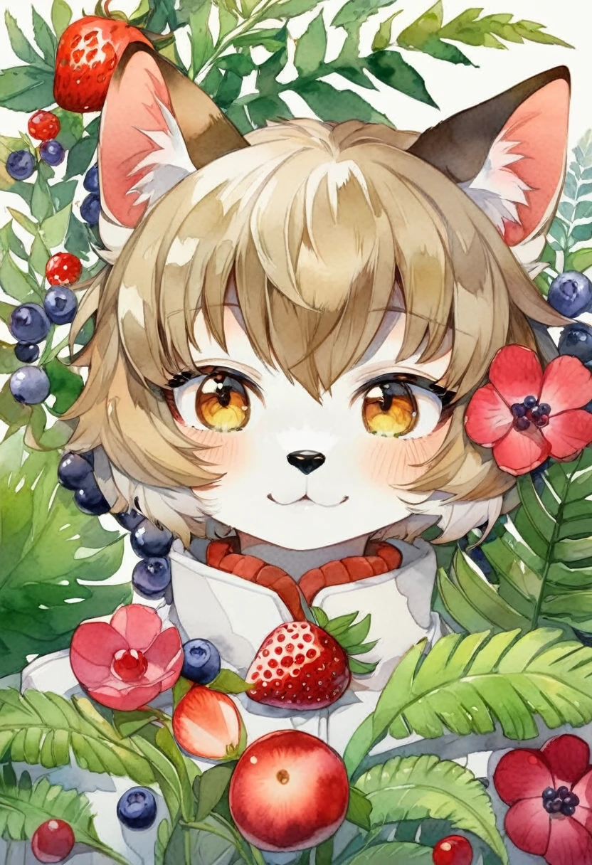 (watercolor texture)cover page, highres, top quality, best quality, paid reward available, unparalleled masterpiece, perfect artwork, absurdres, High-quality illustrations, super high resolution, detailed background, perfect anatomy(1girl, kemono, furry, short hair, cute)(beautiful flowers, berries, ferns, leaves, watercolor pattern of calming colors),