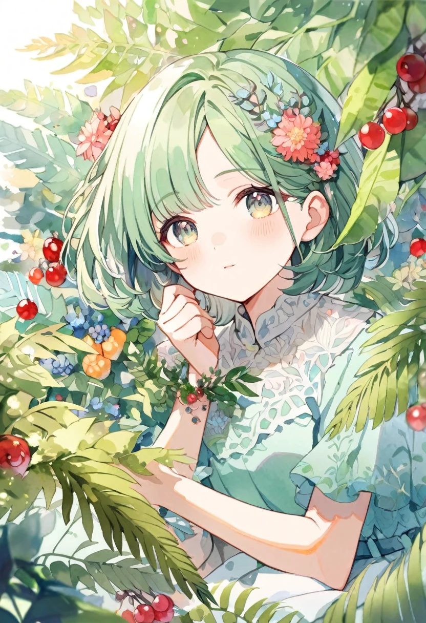 ((super detailed)beautiful flowers, berries, ferns, leaves, watercolor pattern of calming colors)(watercolor texture)(1girl, short hair, cute)