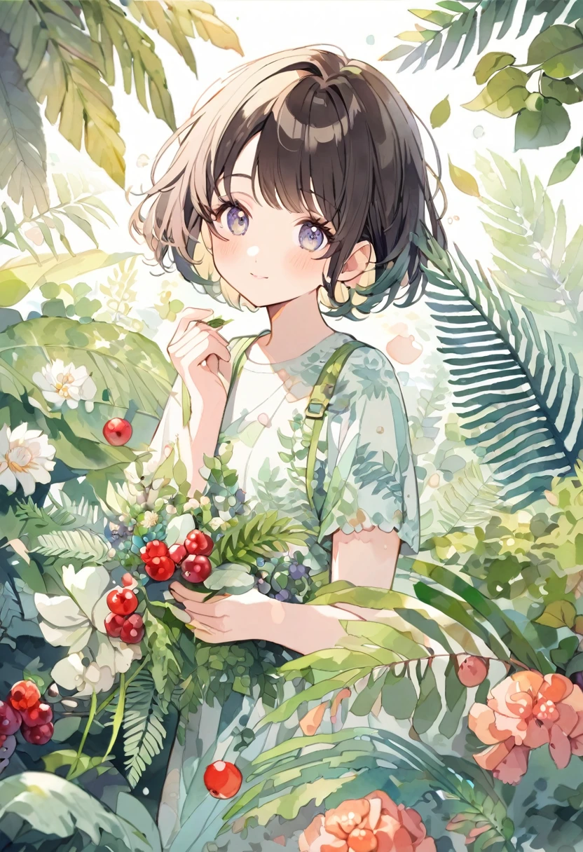 ((super detailed)beautiful flowers, berries, ferns, leaves, watercolor pattern of calming colors)(watercolor texture)(1girl, short hair, cute)