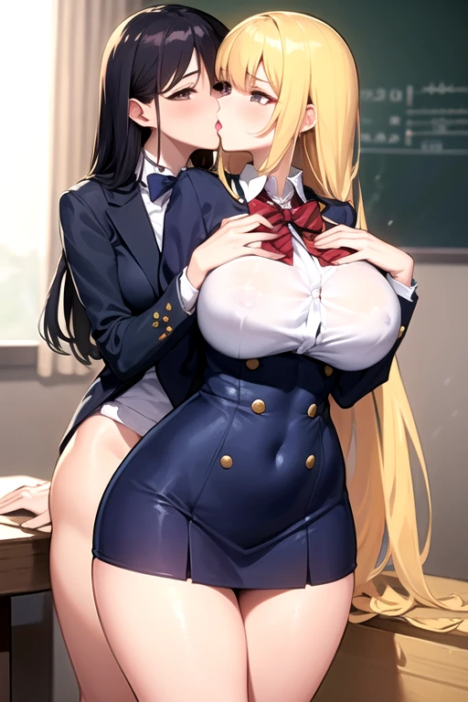 Lesbian (very long loose yellow hair)(big breasts, big thighs)(with school uniform clothes it is very tight) that he is kissing at school with his girlfriend,(big breasts, big thighs)lesbian love