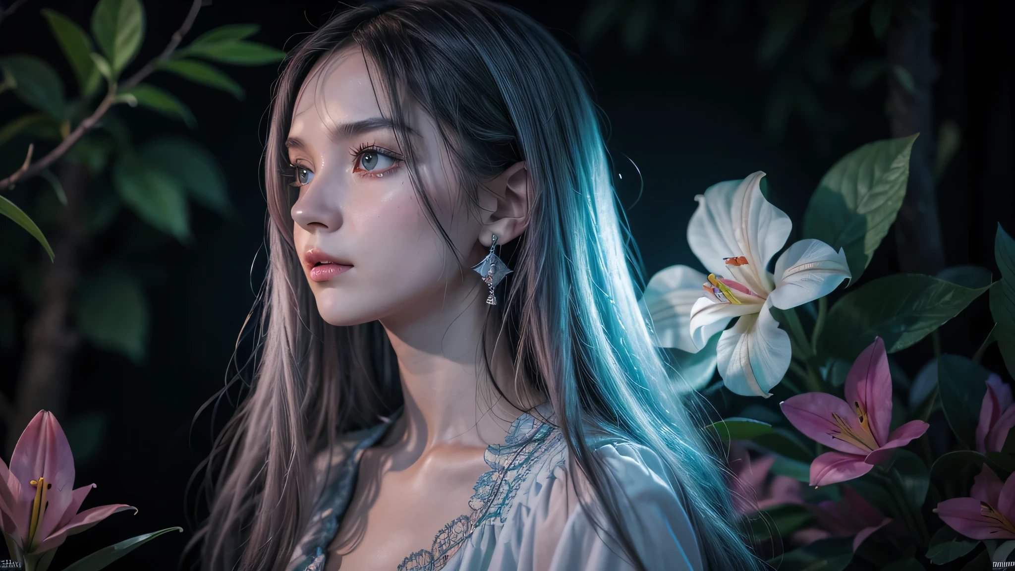 Beautiful realistic girl with long blue hair... ,..... ,Close-up of clean skin with details ,,in a pink blouse,on an orange background ,against the background of the starry sky,glossy makeup,earrings with sequins, gray two-leaf flower, speckled translucent gray bifolio, Bioluminescent - Ultra High Quality 8K, hight contrast, rich colors, smooth light, super detailed photos. сверхhigh qualiy 8K, hight contrast, noise suppression, яркие rich colors.. high qualiy, 8k ultra-HD, High with high qualiy, soft, close focus, very beautiful flower, translucent red lily of the valley with dewdrop flower, bioluminescent flower glows and glows, he grows in a mysterious forest, shrouded in mystery, Сверхhigh qualiy 8k, hight contrast, rich colors, Soft lungs, highly detailed photographs. Более high qualiy 8k, high confidence, noise suppression, яркие rich colors.. high qualiy, 8k ultra-HD, high confidence