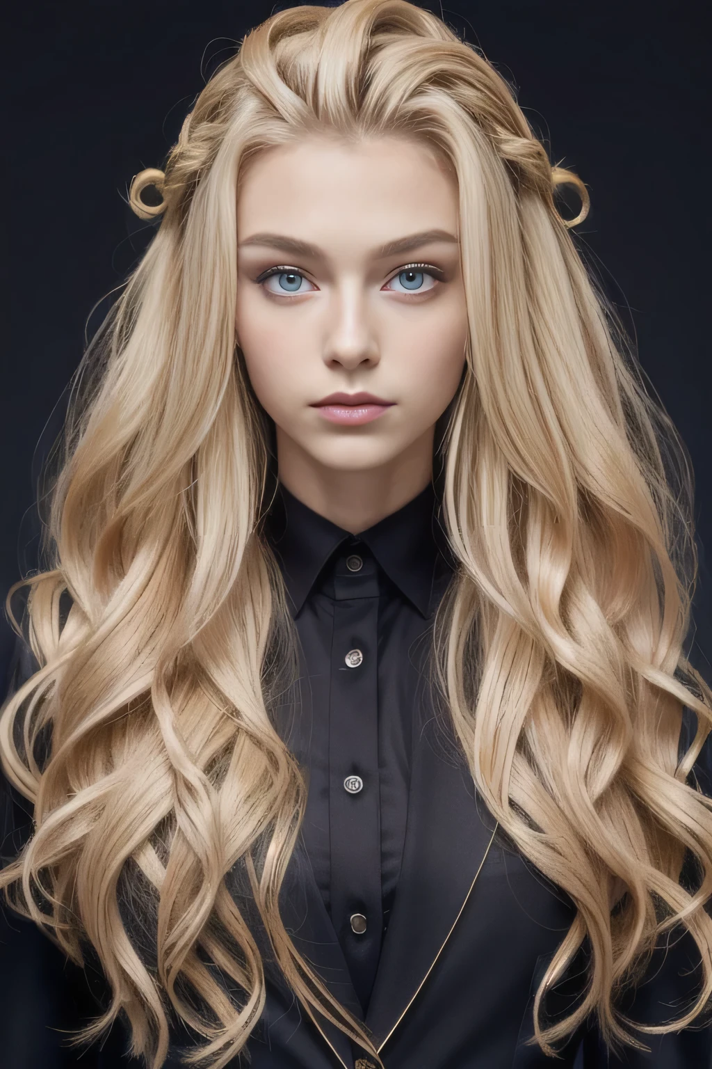 european girl portrait,standing alone,20 year,beautiful face,upperbody,hair over one eye, hair blonde, sharp focus,Black Suit, super crazy hairstyles, beautiful long hairs, crazy long hairs, super long hairs, long hair, crazy long hairs, super long hairs , long wavy hairstyle