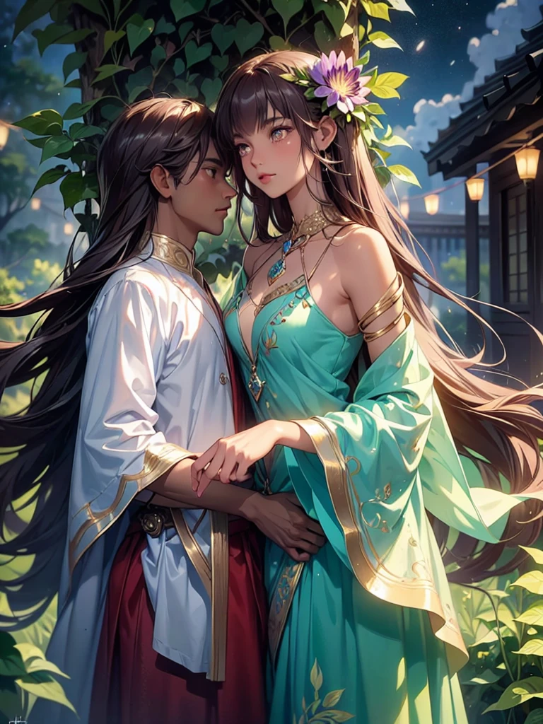 A romantic rendezvous taking place between an Indian couple in a forest meticulously designed in Anime style. The couple, both dressed to perfection in vibrant Indian attire, are engrossed in one another, a display of endearing affection. The tranquil sanctuary, inhabited by wakeful flowers that surge with hues of Tachisme, adjacently harbors signature lacquer lamps adding an aura of Holoretro ambiance bolstered by glowing leaves and rustling fronds. Noisy fantails geminate from branches, creating discreet charm within the scene. As the supportive pillars of strong flora lightly hide hearts traced intermittently, magnificent Kamadhenu deftly sketches clouds with tertiary evermore cloaking the sunlight. As twilight unwinds,|The relationship blossoms like a passion flower bursting with color.|Or tangled vine entwining when night encroaches.
