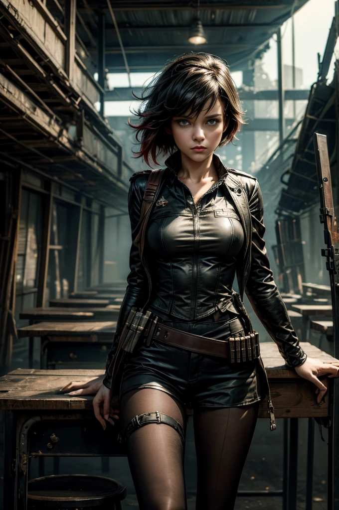 (masterpiece, best quality:1.2), cowboy shot, solo, dynamic pose, 1girl, ruby rose, looking at viewer, military uniform,  pantyhose, standing inside wrecked classroom, ruble on old desks, collapsed ceiling, , bonfire, crowd outside searching with rifles, (crowd in military uniforms) night, stars, closed mouth, serious look, serious expression, post-apocalypse, dystopian future 