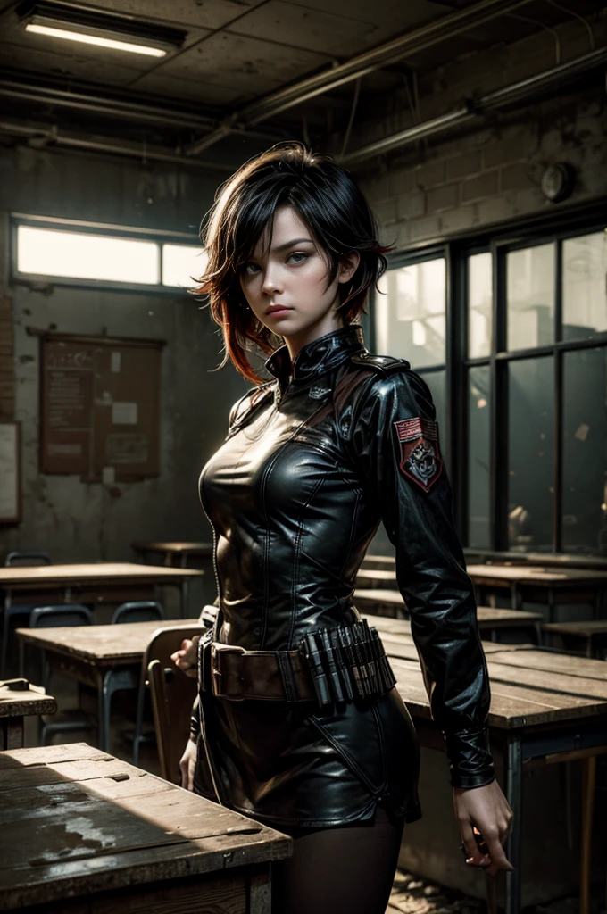 (masterpiece, best quality:1.2), cowboy shot, solo, dynamic pose, 1girl, ruby rose, looking at viewer, military uniform, pantyhose, standing inside wrecked classroom, ruble on old desks, collapsed ceiling, , bonfire, crowd outside searching with rifles, (crowd in military uniforms) night, stars, closed mouth, serious look, serious expression, post-apocalypse, dystopian future