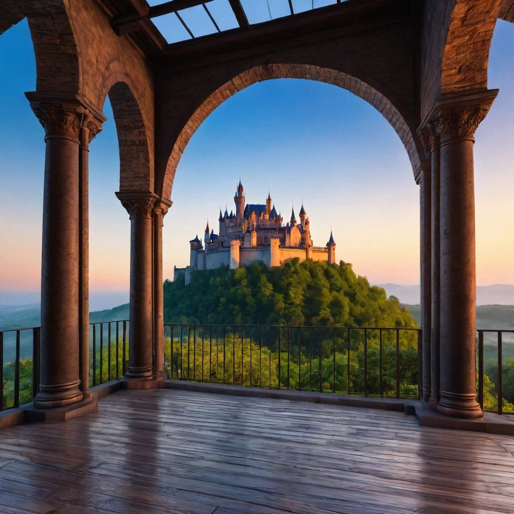 A different world morning, mysterious and calm feeling, in the castle of the kingdom, emerging from the darkness, wishing for world peace. ((Best quality, superb, 8K, masterpiece: 1.8))
