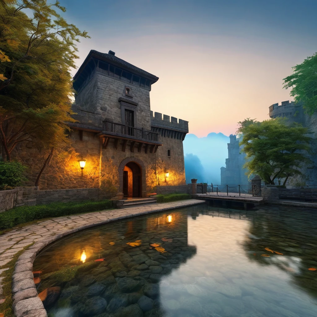 A different world morning, mysterious and calm feeling, in the castle of the kingdom, emerging from the darkness, wishing for world peace. ((Best quality, superb, 8K, masterpiece: 1.8))
