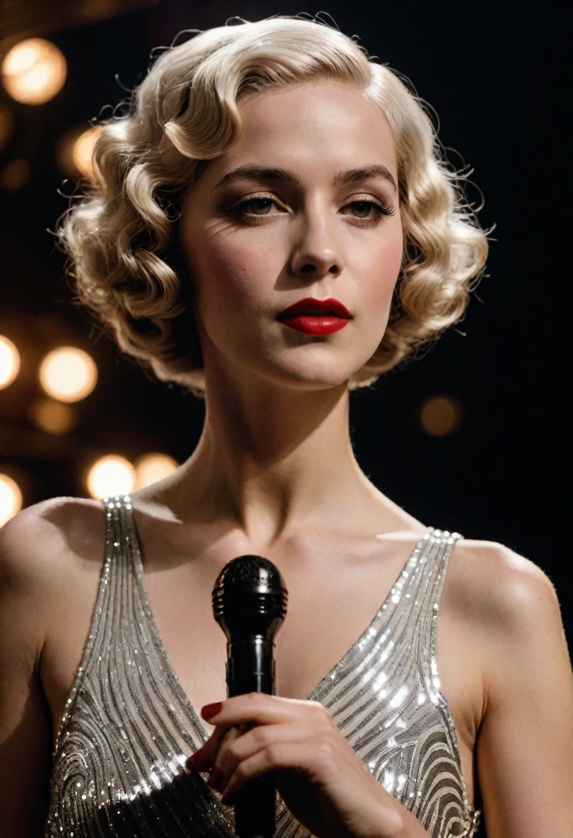 girl, 20 years old, (((French ethnicity))), (((elegant 1920s singer))), waterwave hairstyle, vintage sequined dress, holding a vintage microphone, glamorous makeup, femme fatale, art deco stage, performing in a grand theater,photorealism, highly detailed, ultra quality, cinematic lighting, realistic skin texture, (((white hair))) (feminine), ((alluring facial expression)), ((exquisitely detailed facial features)), ((perfect eyes)), 8k wallpaper, nikon, trending on Artstation, trending on CGSociety, (sensual), ((full lips)), (((slim waist))), (((wide hips))), (((eyes closed)))