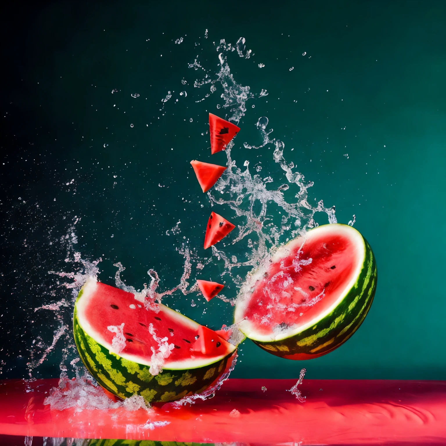 A piece of watermelon fell into the air., slow - mo High-speed shooting, Stunning water splash explosion, watermelon core, Splash of tomato juice, Pregnancy inside a watermelon, Amazing food photography, super High-speed shooting, Detailed concept photography, Style Food Photography, Realistic colourful shooting, By Storm Thorgerson, High-speed shooting, culinary art photography